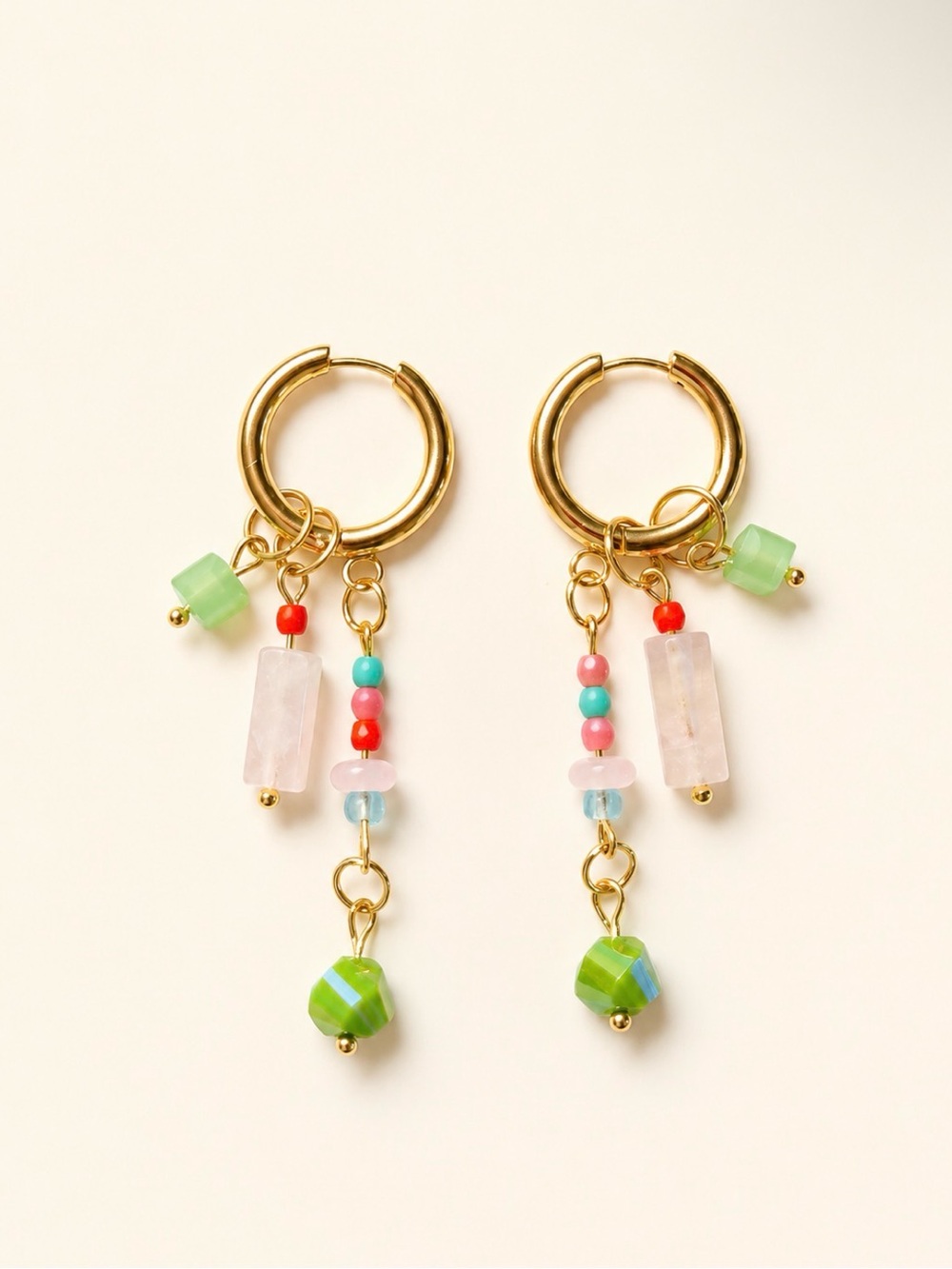 Gold Hoop Earrings with Green and Pastel Beads